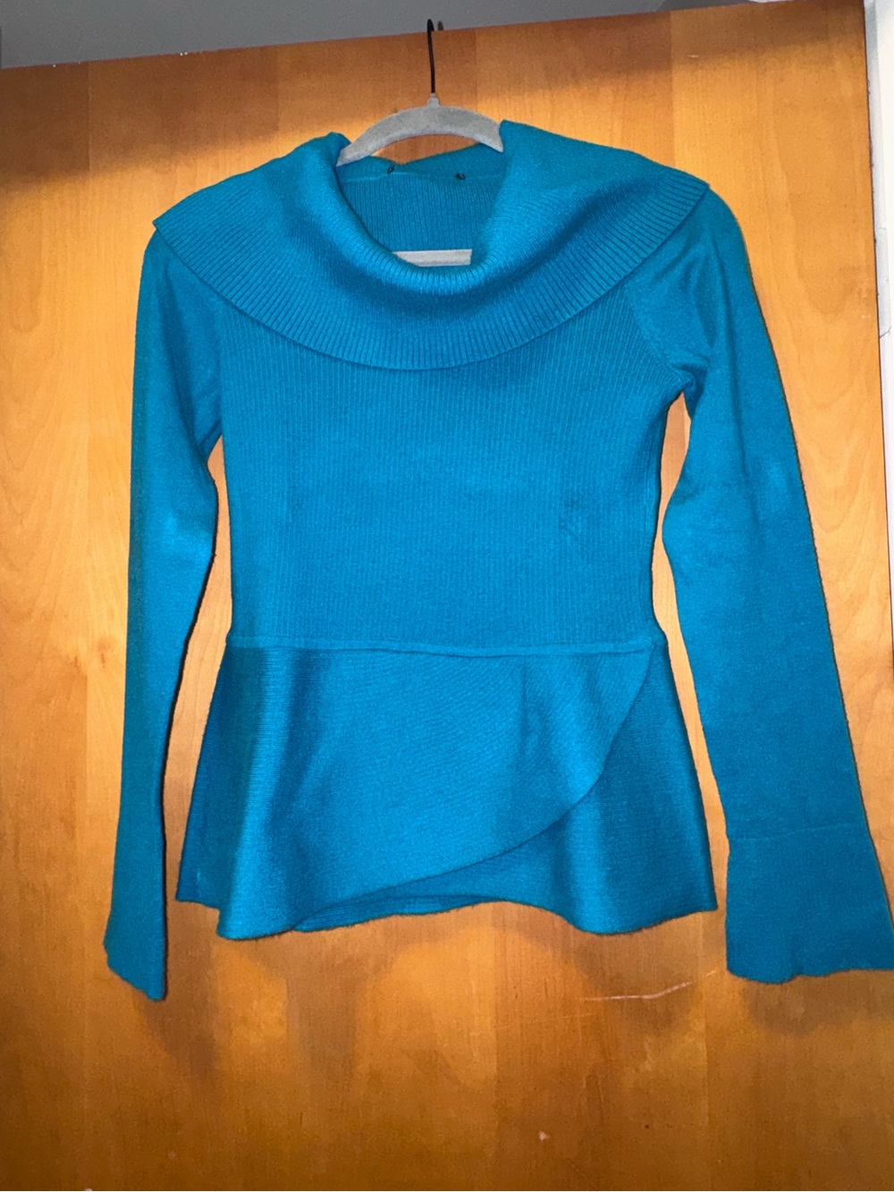 Teal Long-Sleeve Peplum Sweater with Wide Cowl Neck